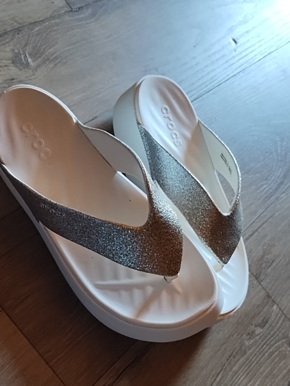 CROCS Women's White Platform Sandals with Gold Glitter Straps